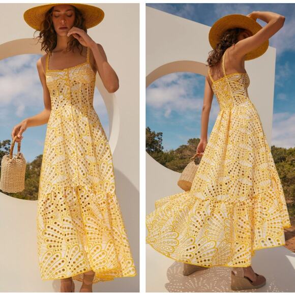 JARDINVUE Lace Buttoned Ruffle Hem Cami Maxi Dress Yellow Eyelet Sz M NWT {3C7} - Picture 1 of 2